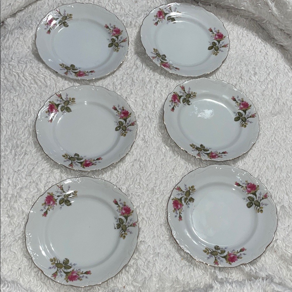 Set of 6 Vintage Pink Moss Roses Porcelain Salad Plates Japan Floral Gold Trim